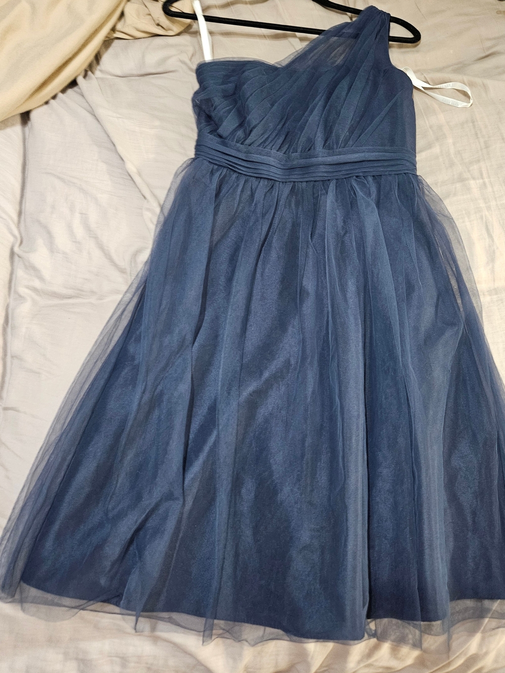 David's Bridal dress, steel blue tulle dress, short bridesmaid dress, homecoming